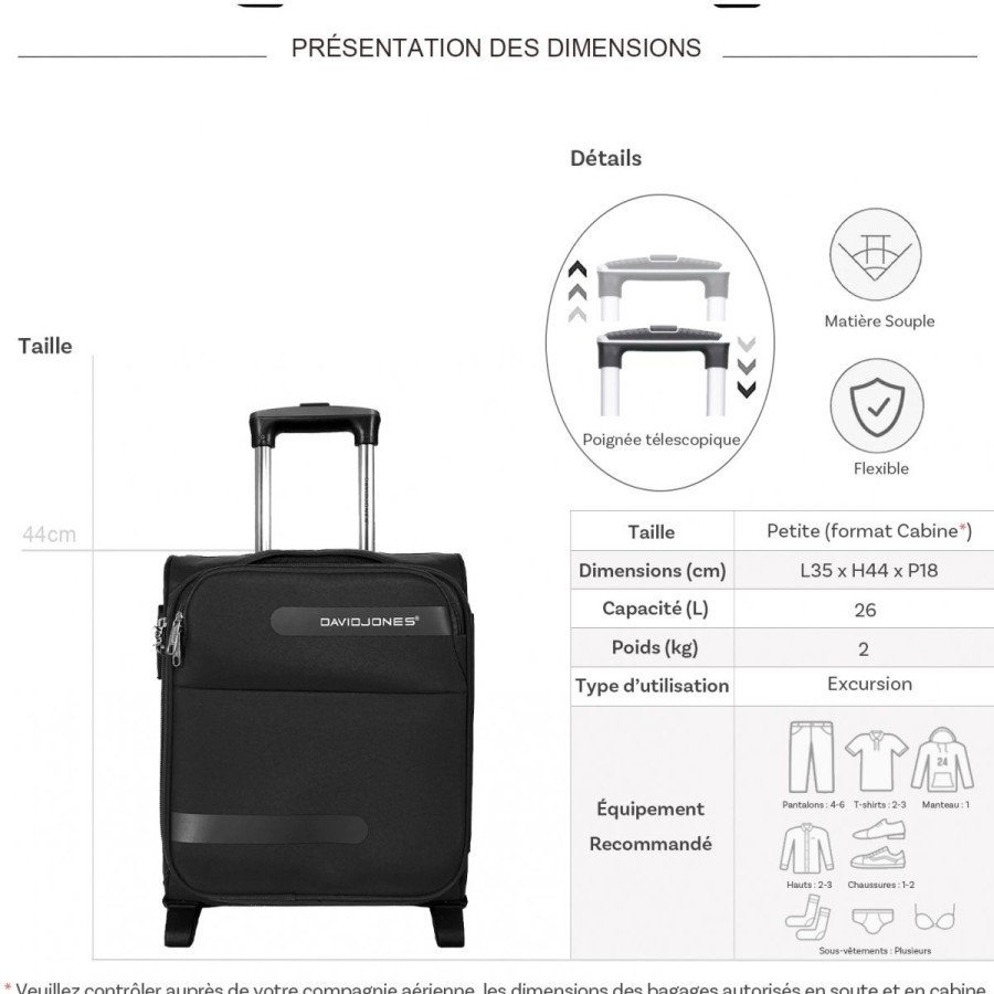 Clearance David Jones Valise Cabine Xs Underseat Souple David Jones 44Cm